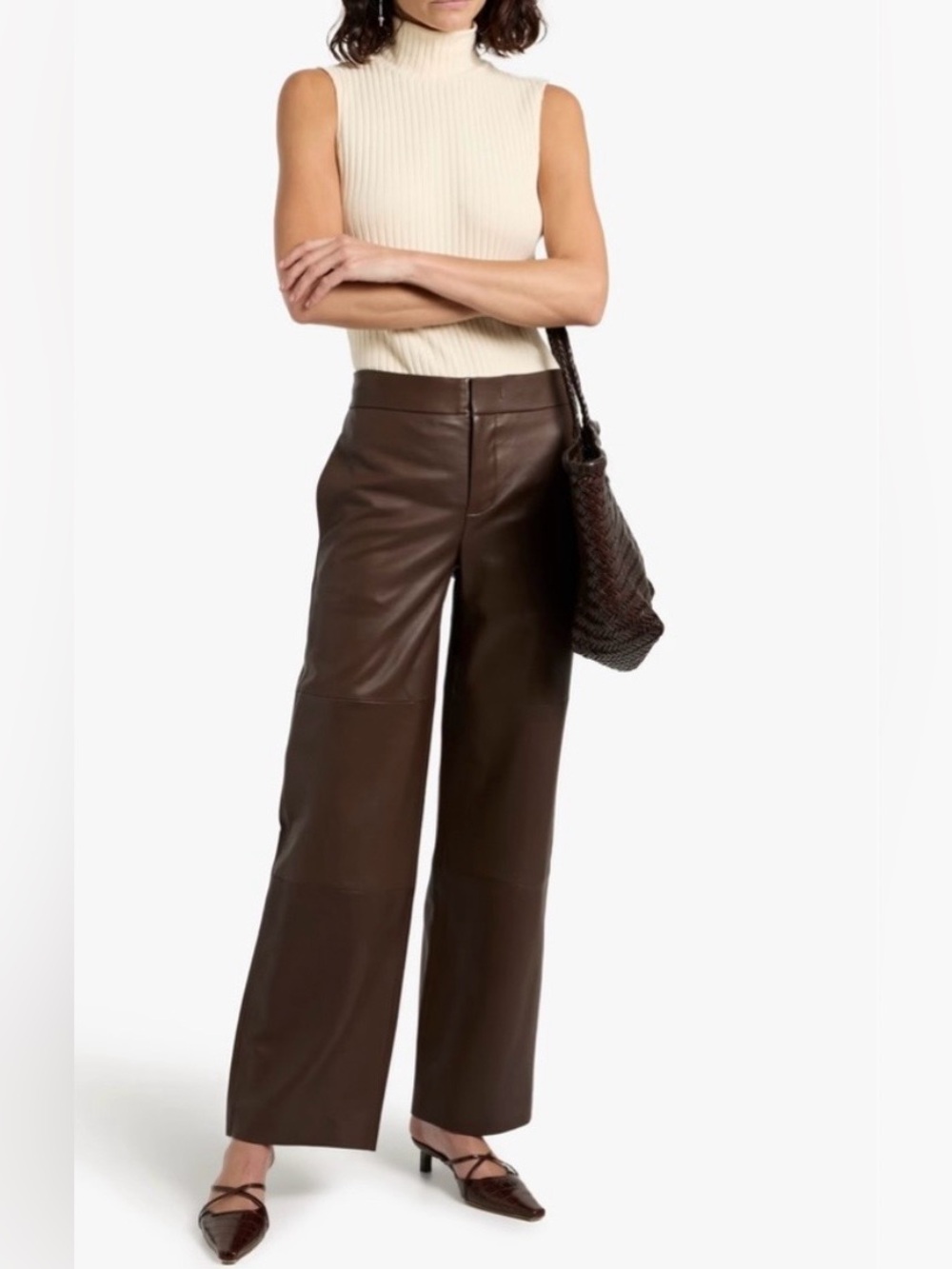 Chocolate Brown Genuine Leather Straight Wide Leg Pants Women’s Size 6 Mid Rise